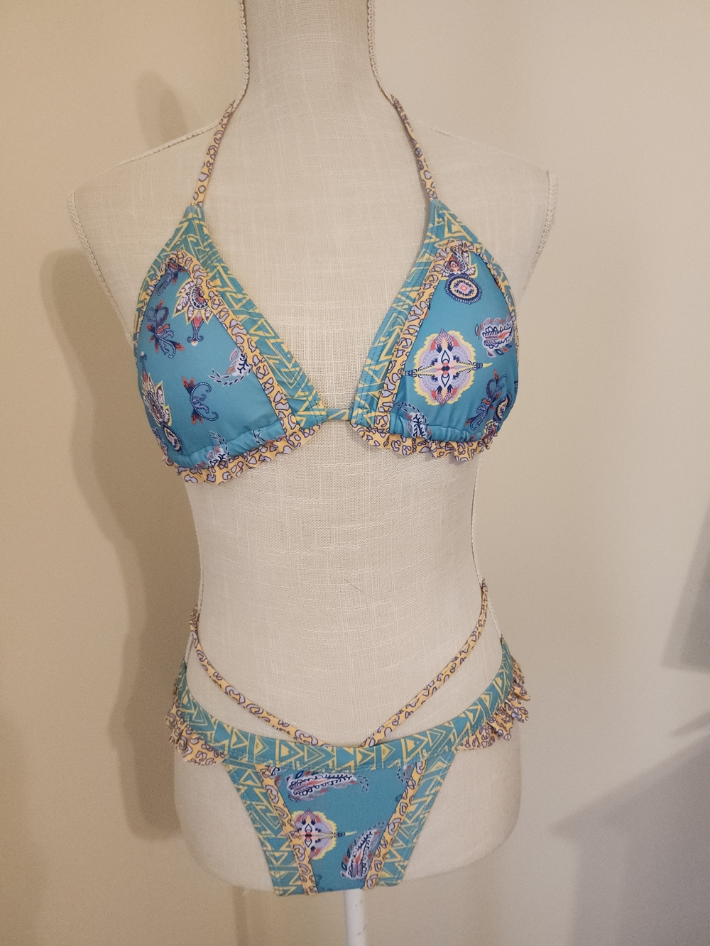 Turquoise Paisley Triangle Bikini with Yellow Trim